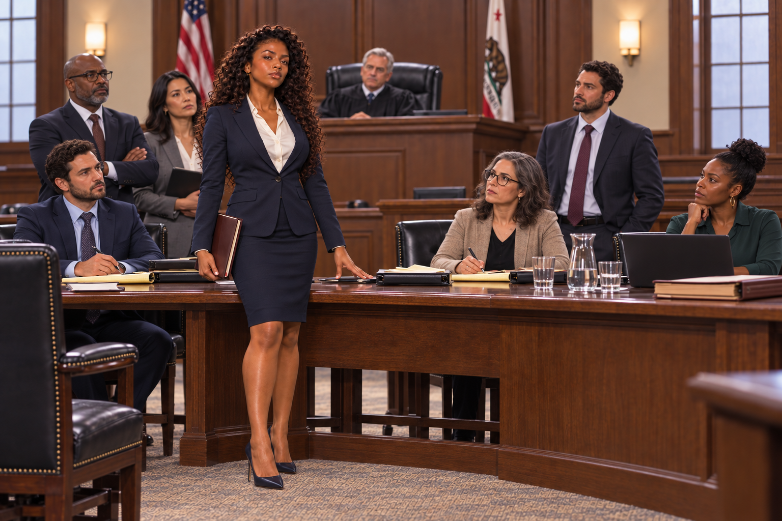 Professional woman standing in a courtroom
